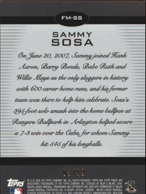 2008 Finest Finest Moments Refractors Black #SS Sammy Sosa back image