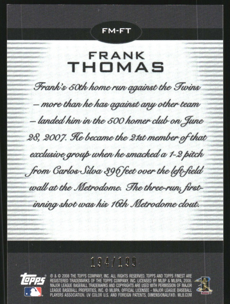 2008 Finest Finest Moments Refractors Green #FT Frank Thomas back image