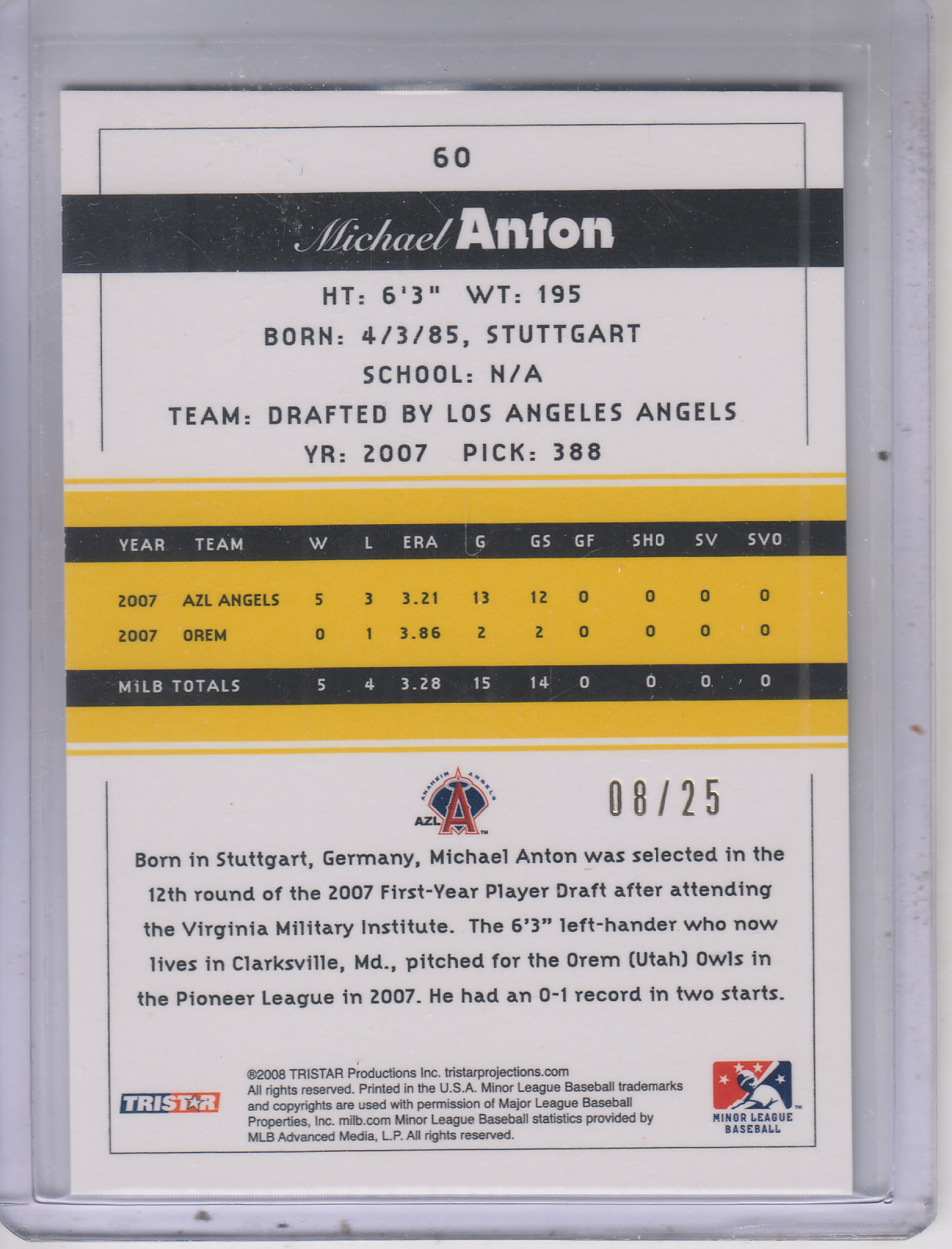 2008 TRISTAR PROjections Reflectives Yellow #60 Michael Anton back image