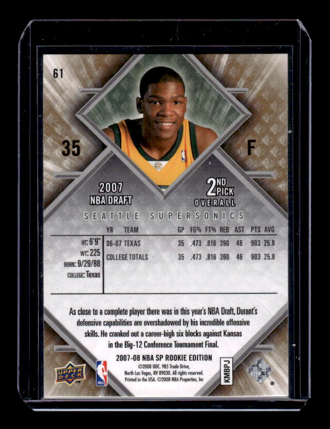 2007-08 SP Rookie Edition #61 Kevin Durant RC back image