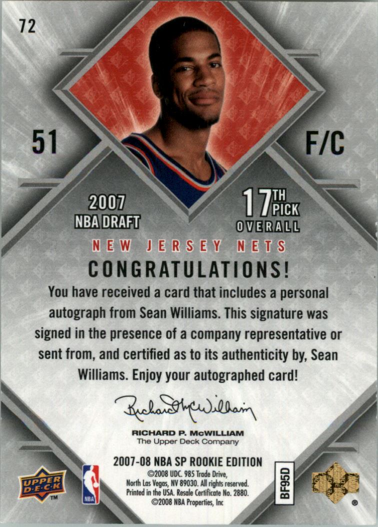 2007-08 SP Rookie Edition Rookie Autographs #72 Sean Williams