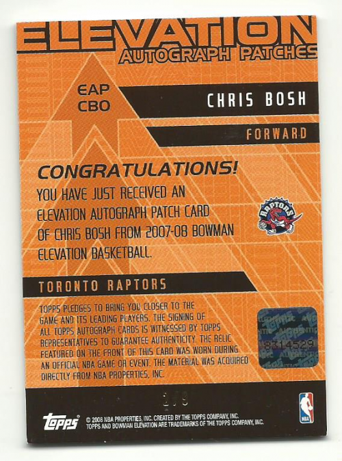 2007-08 Bowman Elevation Autographs Patches Blue #CBO Chris Bosh back image