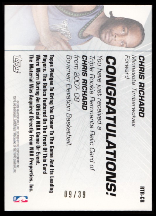 2007-08 Bowman Elevation Rookie Relics Triple 39 #CR Chris Richard back image