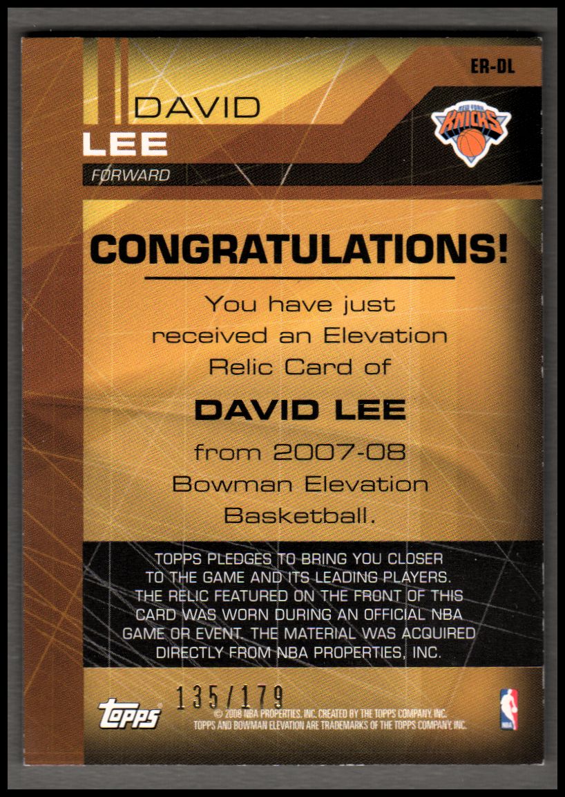 2007-08 Bowman Elevation Relics #DL David Lee back image