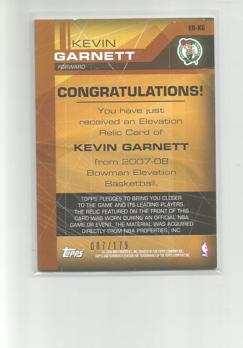 2007-08 Bowman Elevation Relics #KG Kevin Garnett back image