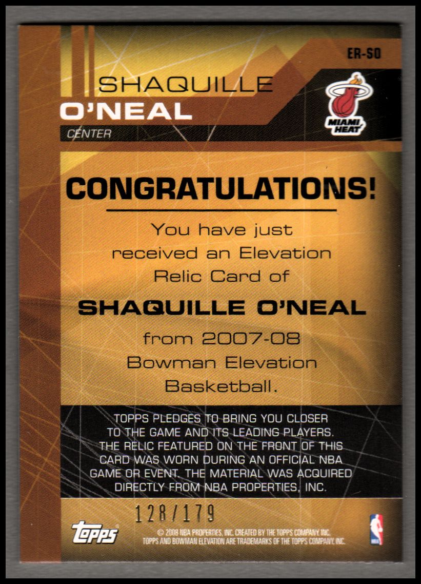 2007-08 Bowman Elevation Relics #SO Shaquille O'Neal back image