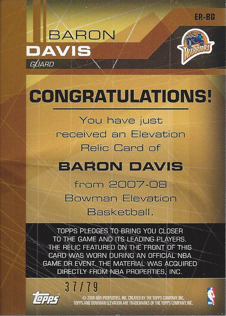 2007-08 Bowman Elevation Relics Blue #BD Baron Davis back image