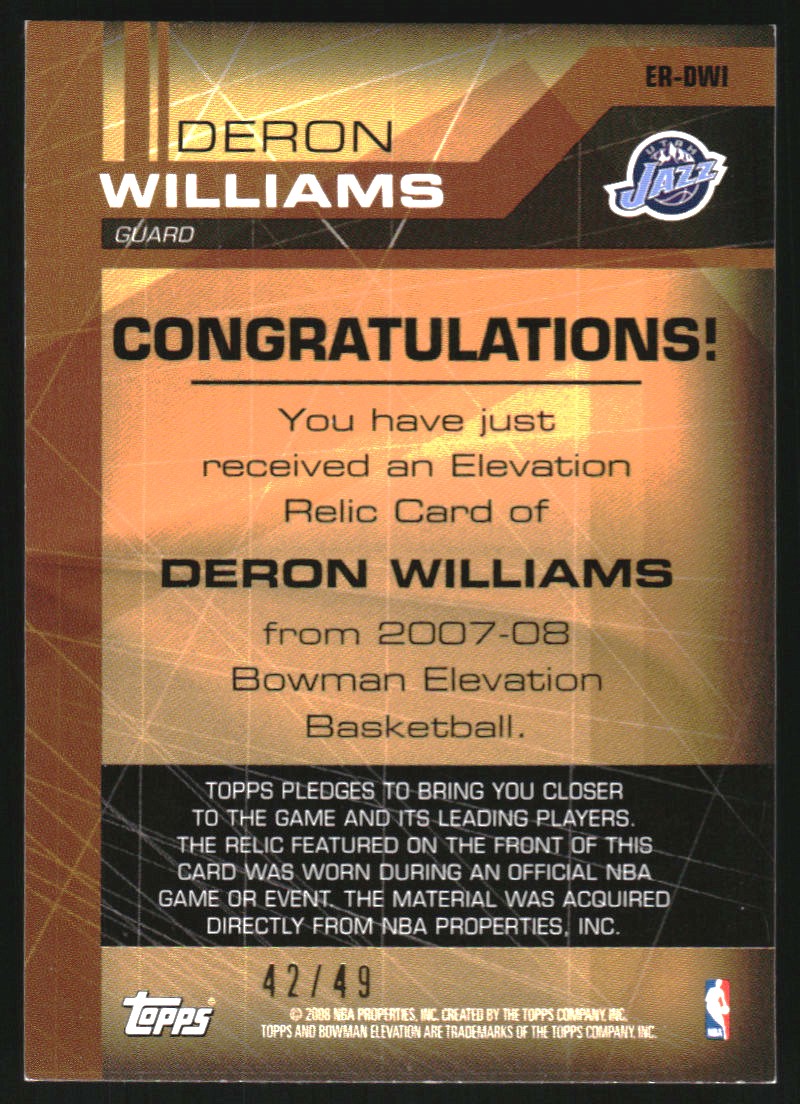 2007-08 Bowman Elevation Relics Red #DWI Deron Williams back image