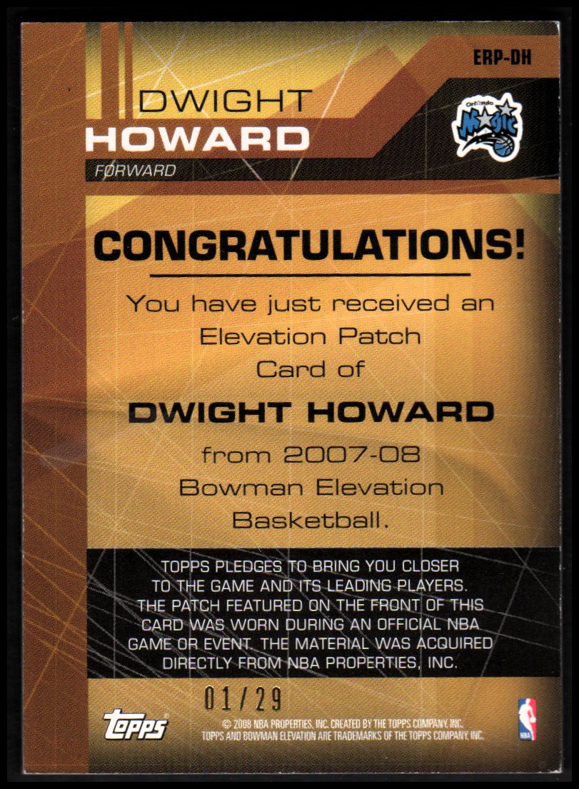 2007-08 Bowman Elevation Relics Patches #DH Dwight Howard back image