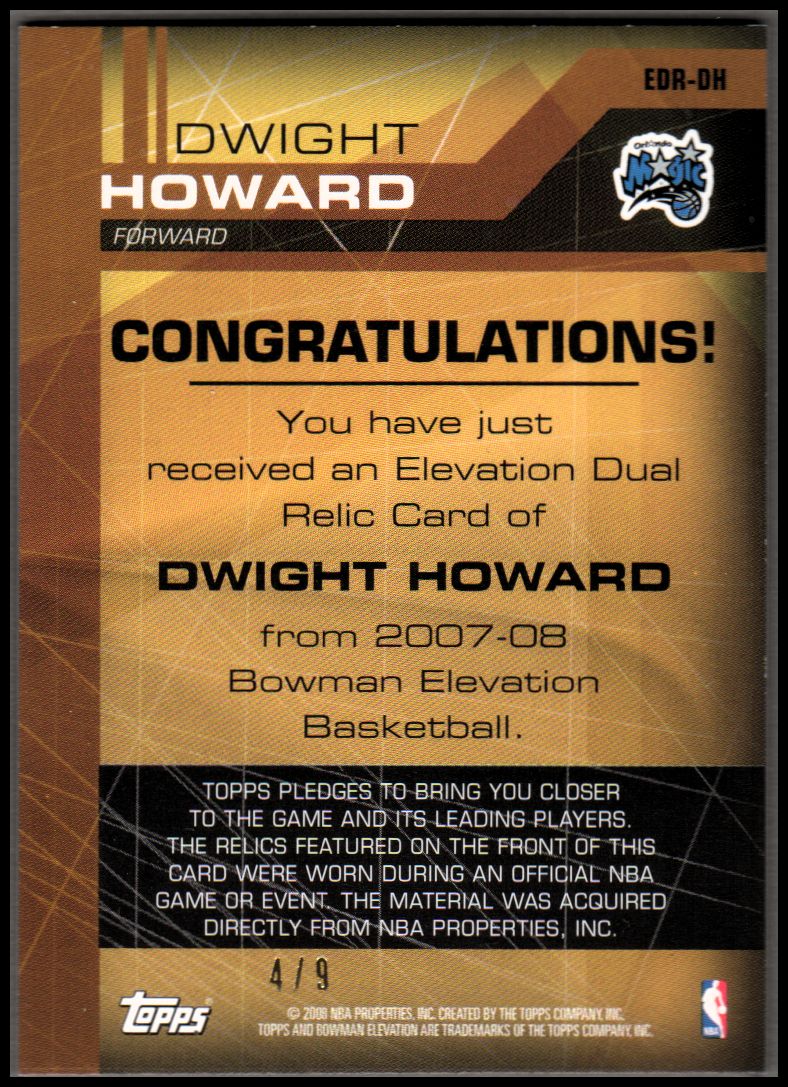 2007-08 Bowman Elevation Relics Dual Gold #DH Dwight Howard back image