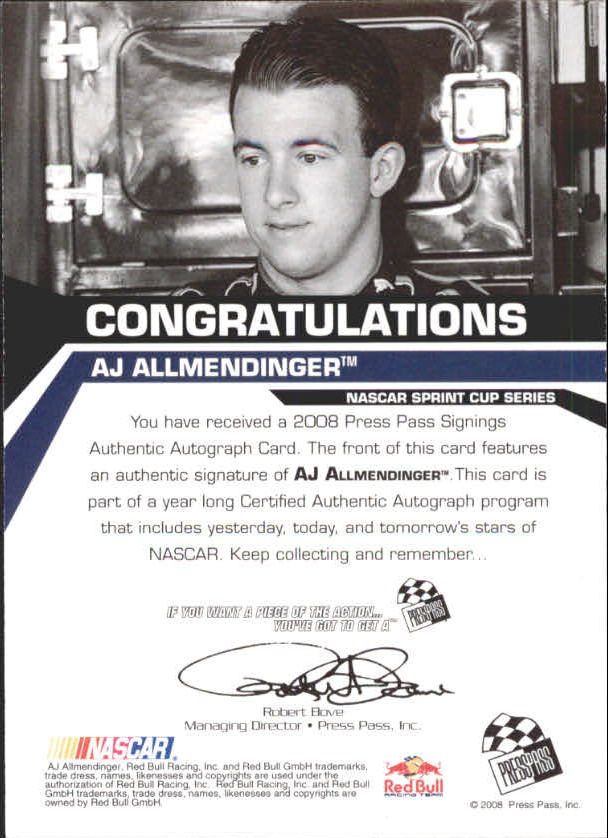 2008 Press Pass Signings #3 A.J. Allmendinger back image