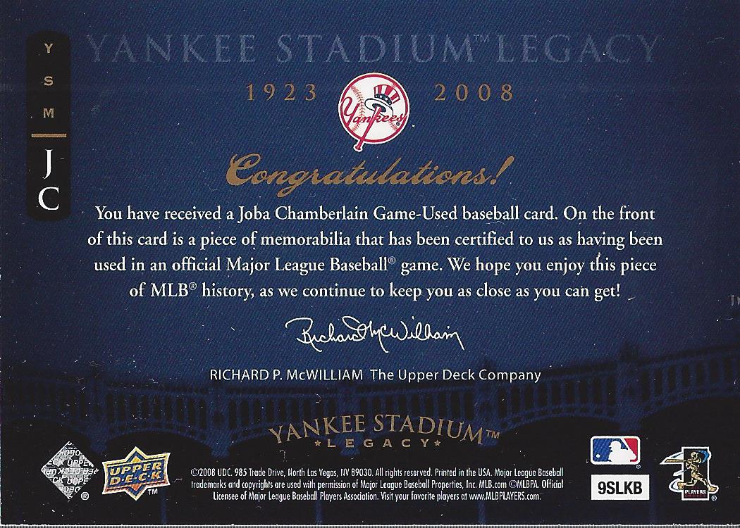 2008 Upper Deck Yankee Stadium Legacy Collection Memorabilia #JC Joba Chamberlain back image