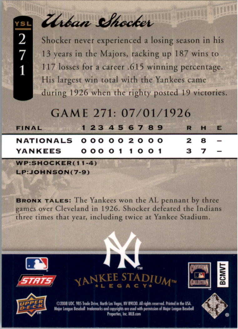 2008 Upper Deck Yankee Stadium Legacy Collection #271 Urban Shocker back image