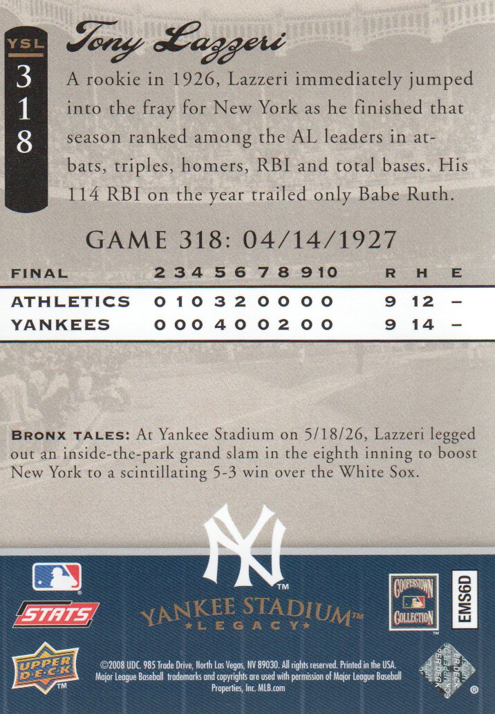 2008 Upper Deck Yankee Stadium Legacy Collection #318 Tony Lazzeri back image