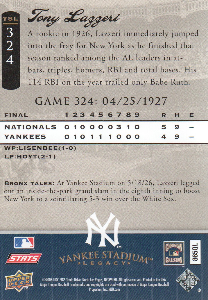 2008 Upper Deck Yankee Stadium Legacy Collection #324 Tony Lazzeri back image