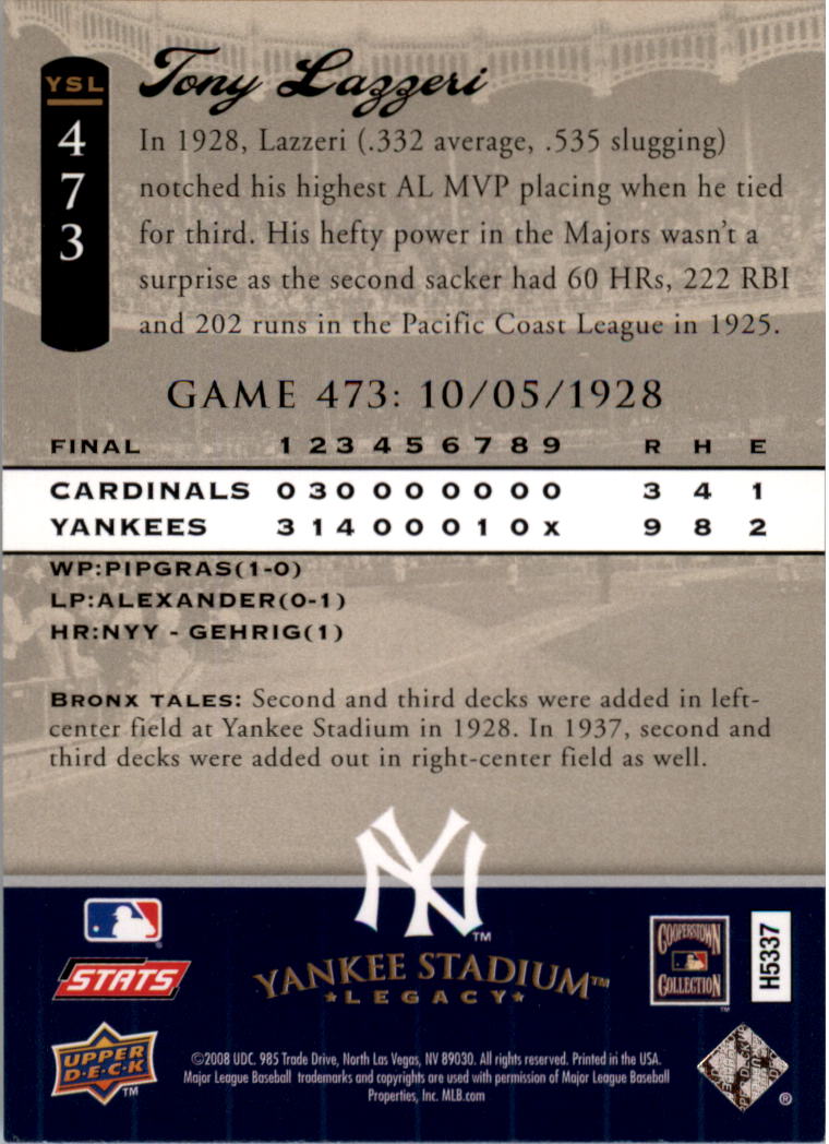 2008 Upper Deck Yankee Stadium Legacy Collection #473 Tony Lazzeri back image