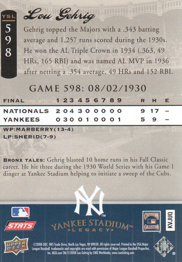 2008 Upper Deck Yankee Stadium Legacy Collection #598 Lou Gehrig back image