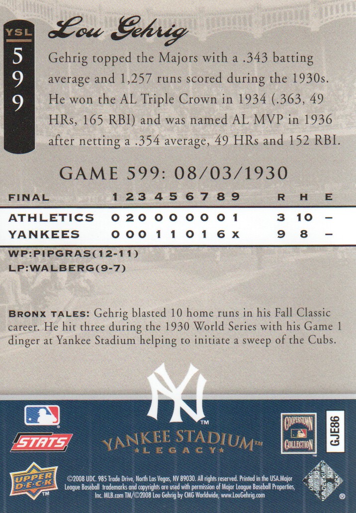 2008 Upper Deck Yankee Stadium Legacy Collection #599 Lou Gehrig back image