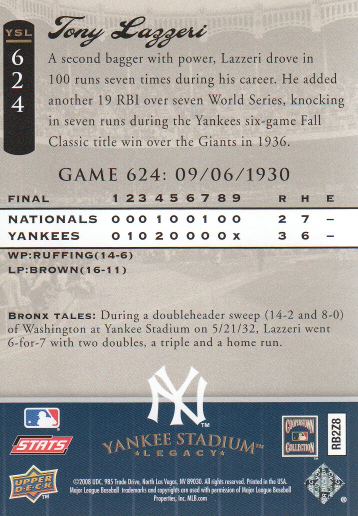 2008 Upper Deck Yankee Stadium Legacy Collection #624 Tony Lazzeri back image