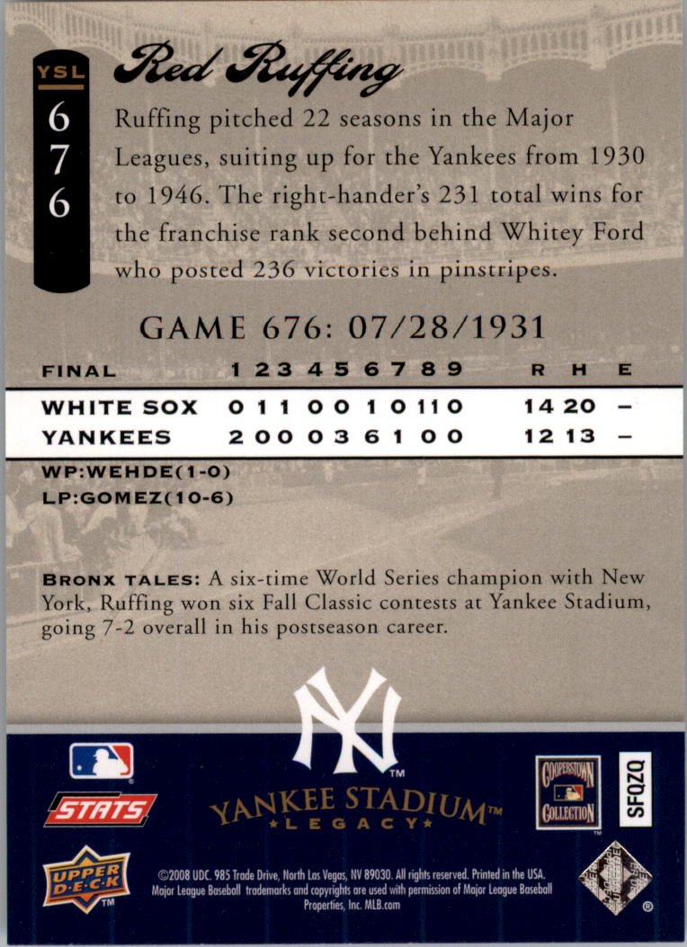 2008 Upper Deck Yankee Stadium Legacy Collection #676 Red Ruffing back image