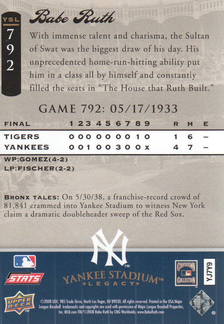 2008 Upper Deck Yankee Stadium Legacy Collection #792 Babe Ruth back image