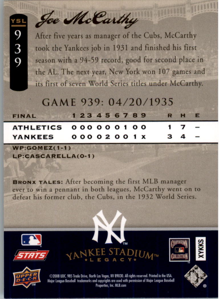 2008 Upper Deck Yankee Stadium Legacy Collection #939 Joe McCarthy back image
