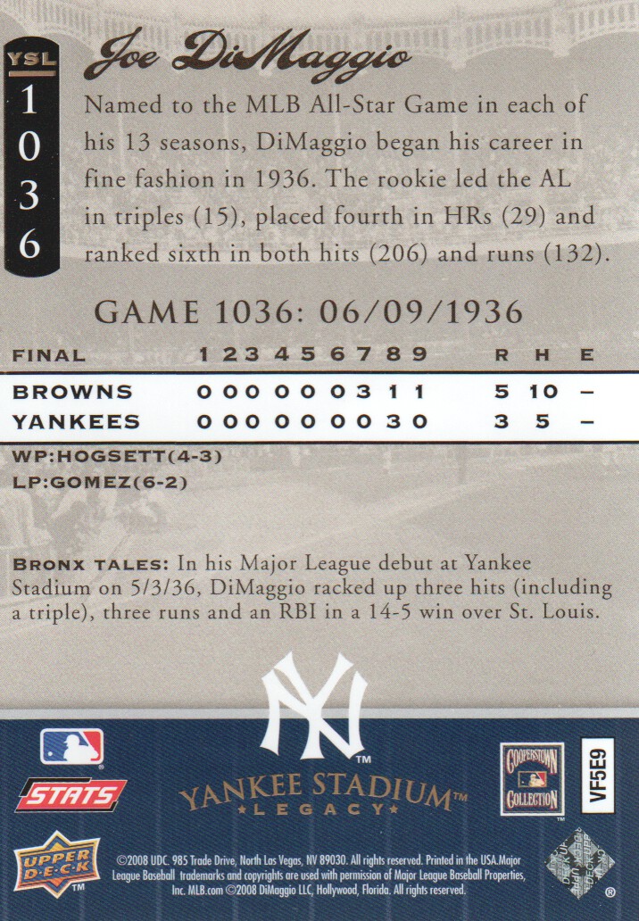 2008 Upper Deck Yankee Stadium Legacy Collection #1036 Joe DiMaggio back image