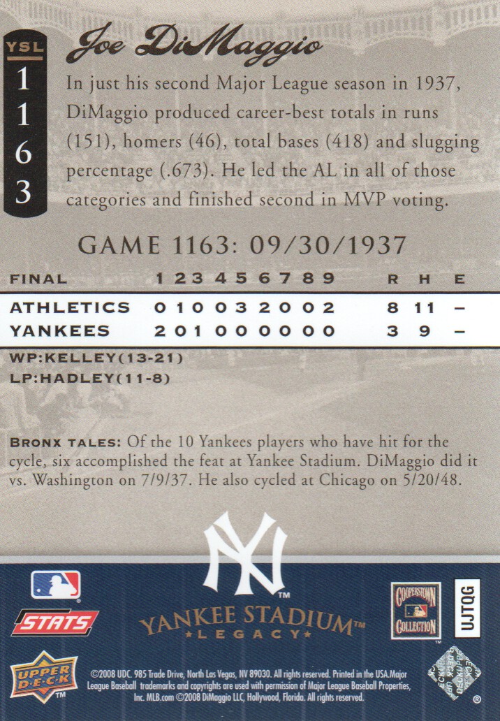 2008 Upper Deck Yankee Stadium Legacy Collection #1163 Joe DiMaggio back image