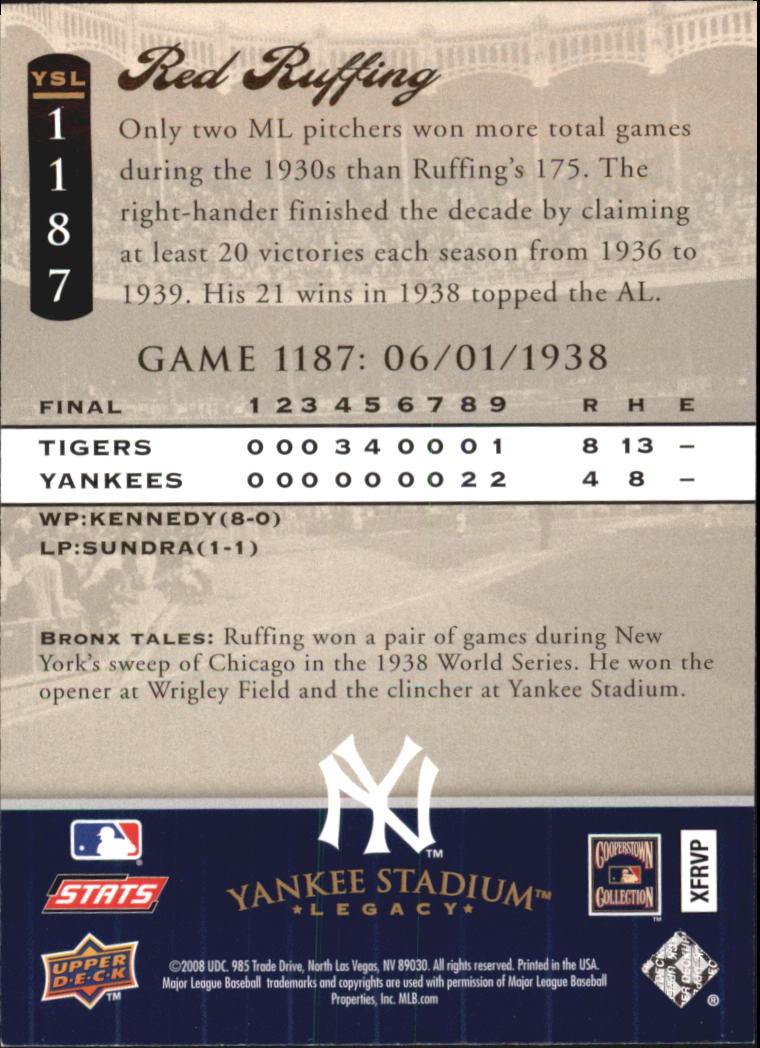 2008 Upper Deck Yankee Stadium Legacy Collection #1187 Red Ruffing back image