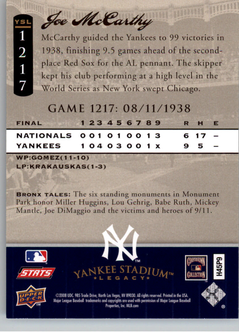 2008 Upper Deck Yankee Stadium Legacy Collection #1217 Joe McCarthy back image