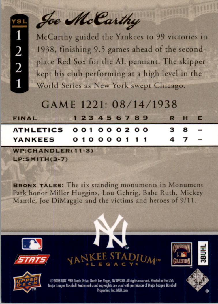 2008 Upper Deck Yankee Stadium Legacy Collection #1221 Joe McCarthy back image