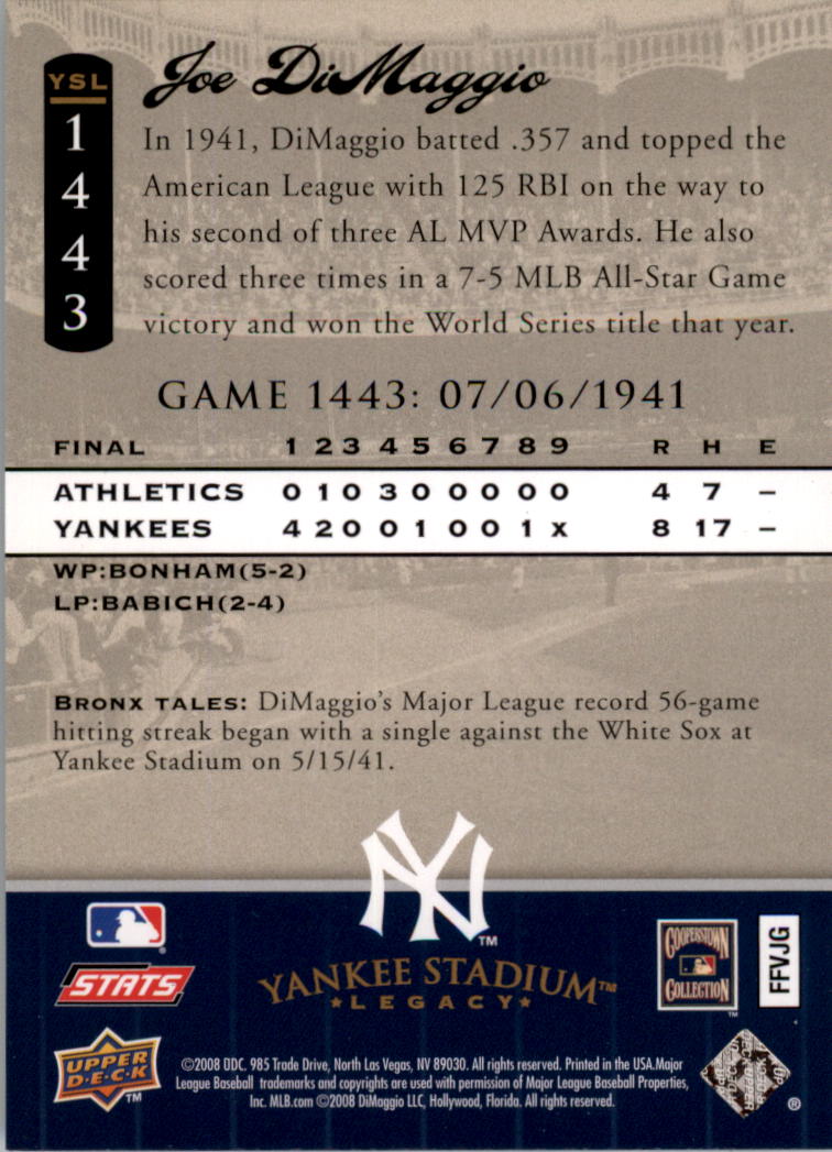 2008 Upper Deck Yankee Stadium Legacy Collection #1443 Joe DiMaggio back image