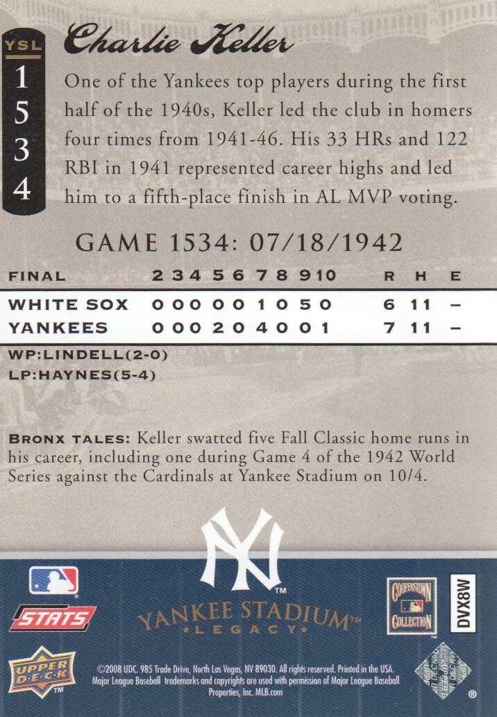 2008 Upper Deck Yankee Stadium Legacy Collection #1534 Charlie Keller back image