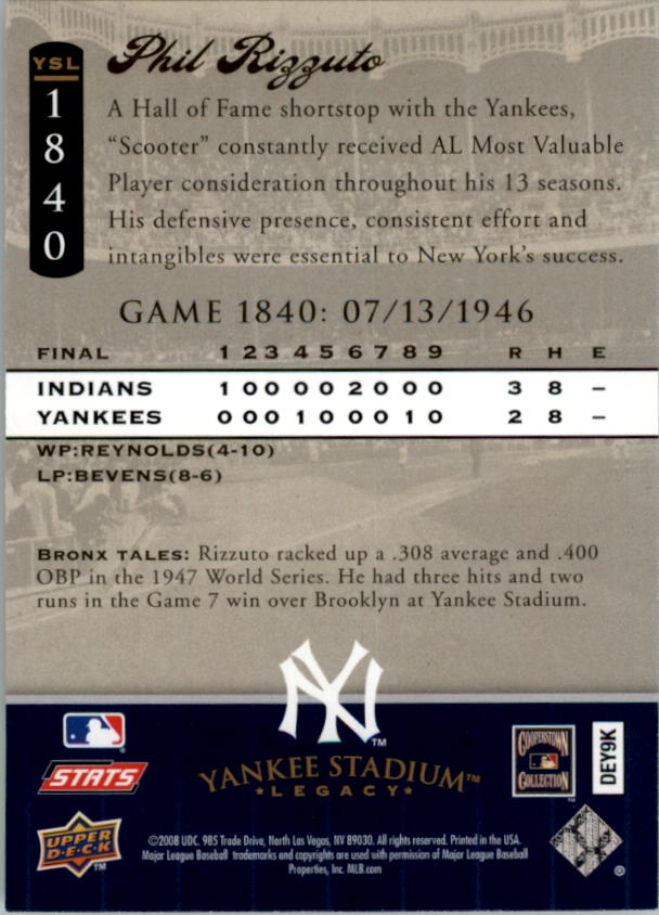 2008 Upper Deck Yankee Stadium Legacy Collection #1840 Phil Rizzuto back image