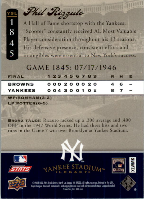 2008 Upper Deck Yankee Stadium Legacy Collection #1845 Phil Rizzuto back image