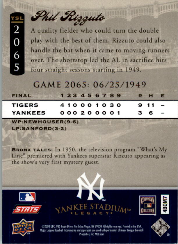 2008 Upper Deck Yankee Stadium Legacy Collection #2065 Phil Rizzuto back image