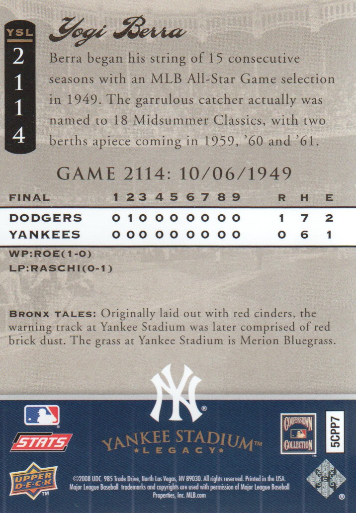 2008 Upper Deck Yankee Stadium Legacy Collection #2114 Yogi Berra back image