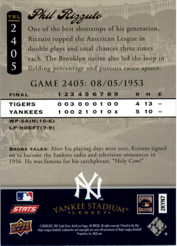 2008 Upper Deck Yankee Stadium Legacy Collection #2405 Phil Rizzuto back image
