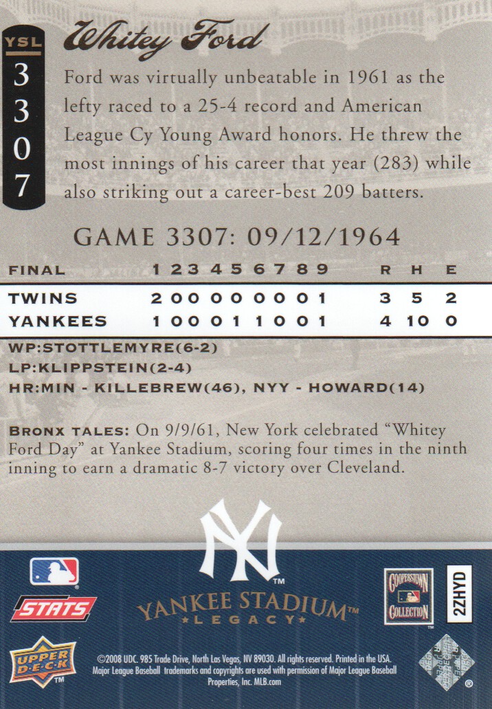 2008 Upper Deck Yankee Stadium Legacy Collection #3307 Whitey Ford back image