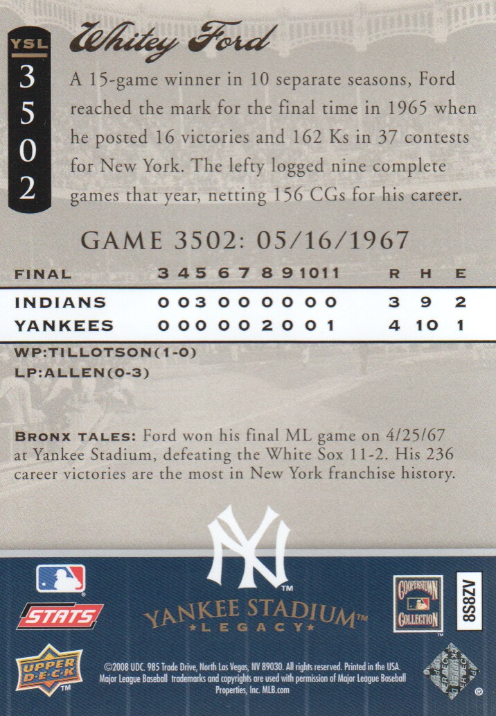 2008 Upper Deck Yankee Stadium Legacy Collection #3502 Whitey Ford back image