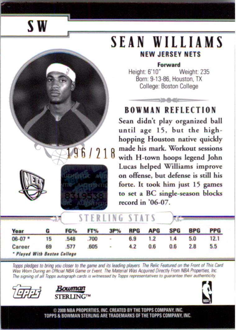 2007-08 Bowman Sterling #SW Sean Williams JSY AU/218 RC back image