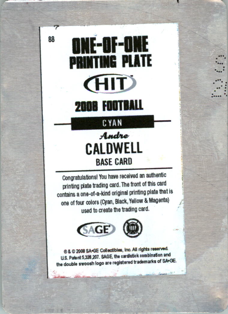2008 SAGE HIT Printing Plates Cyan #88 Andre Caldwell back image