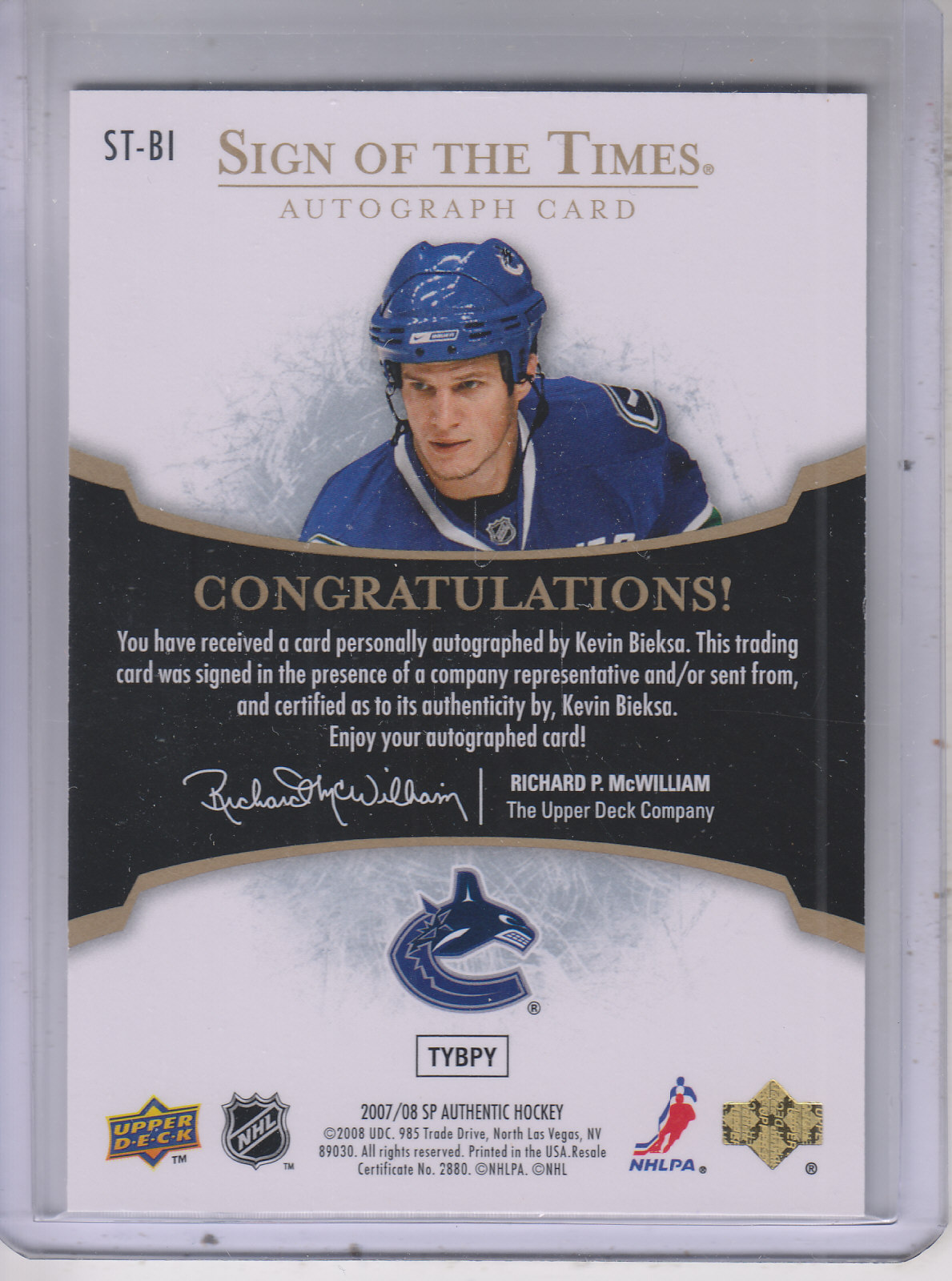 2007-08 SP Authentic Sign of the Times #STBI Kevin Bieksa back image