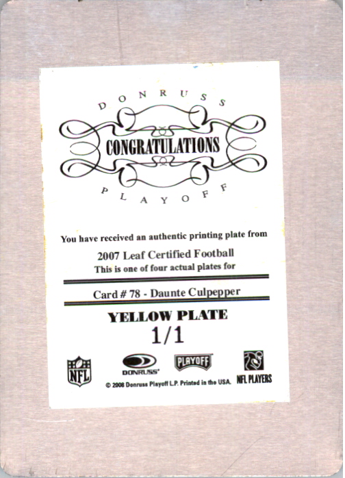 2007 Leaf Certified Materials Printing Plates Yellow #78 Daunte Culpepper back image