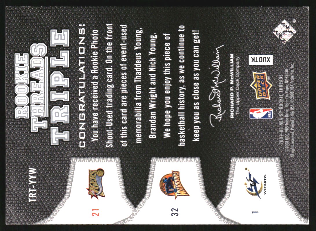 2007-08 SP Rookie Threads Rookie Threads Triple Parallel #YYW Thaddeus Young/Brandan Wright/Nick Young