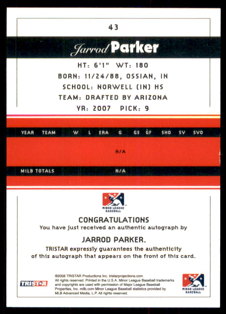 2008 TRISTAR PROjections Autographs #43 Jarrod Parker back image