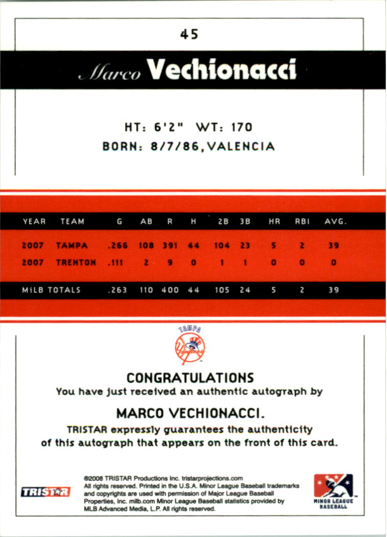 2008 TRISTAR PROjections Autographs #45 Marco Vechionacci back image