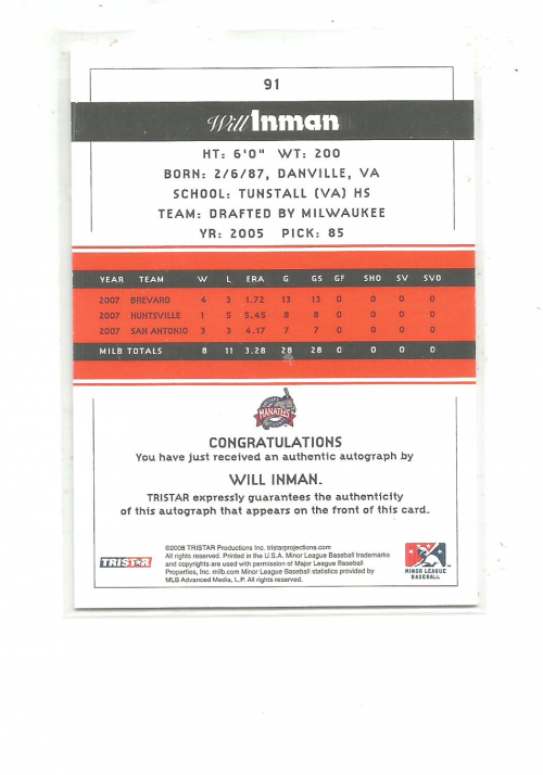 2008 TRISTAR PROjections Autographs #91 Will Inman back image
