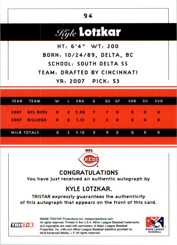 2008 TRISTAR PROjections Autographs #94 Kyle Lotzkar back image