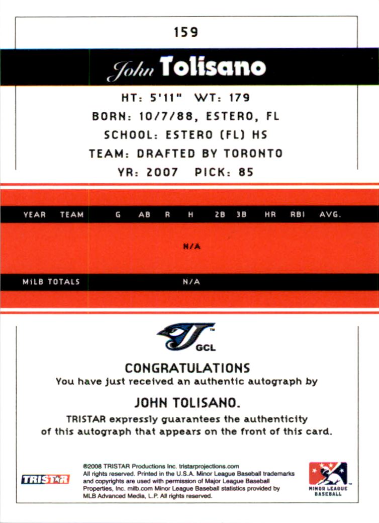 2008 TRISTAR PROjections Autographs #159 John Tolisano back image